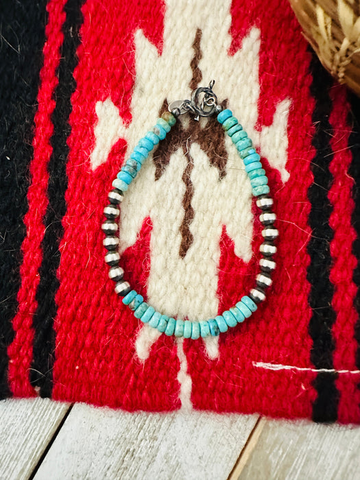 Navajo Turquoise & Sterling Silver Beaded Bracelet 7.5 inch