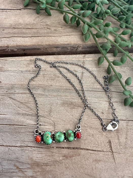 Beautiful Handmade Sterling Silver, Coral & Sonoran Turquoise Bar Necklace