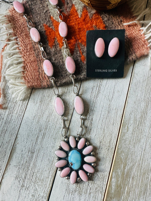 Navajo Queen Pink Conch, Turquoise & Sterling Silver Cluster Necklace Set