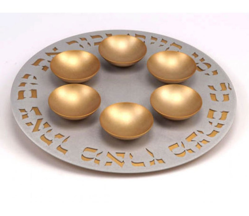 Agayof Exclusive Anodized Aluminum Seder Plate with Bowls - Silver and Gold