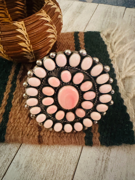 Navajo Queen Pink Conch Shell & Sterling Silver Cluster Cuff Bracelet