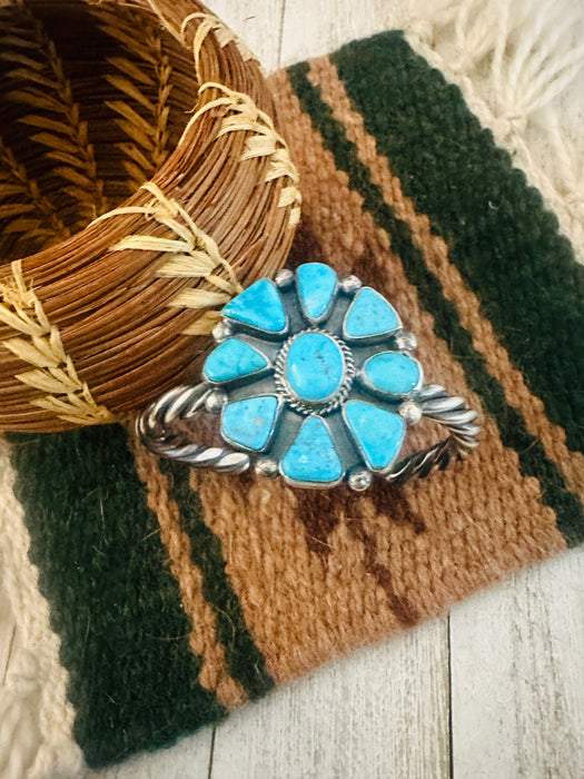 Navajo Kingman Turquoise & Sterling Silver Cluster Cuff Bracelet