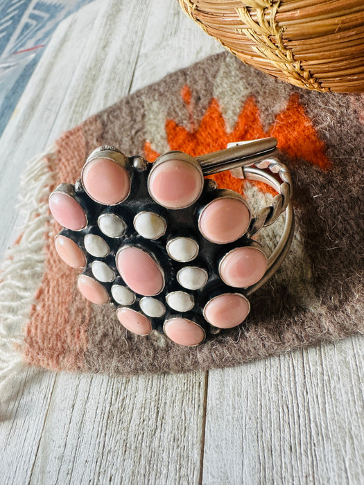 Navajo Queen Pink Conch, White Buffalo & Sterling Silver Cluster Cuff Bracelet