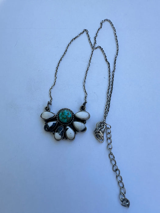 Beautiful Handmade Sterling Silver, White Buffalo & Sonoran Mountain Turquoise Crescent Necklace