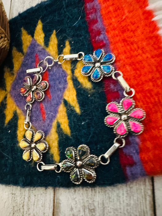 Zuni Multicolor Opal & Sterling Silver Flower Link Bracelet