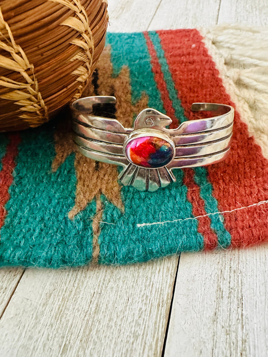 Navajo Pink Dream Mojave & Sterling Silver Thunderbird Cuff Bracelet