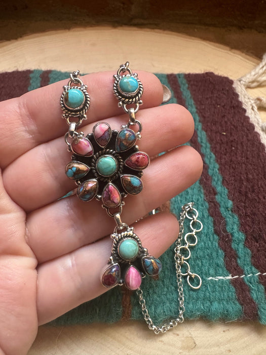 Handmade Turquoise, Pink Dream & Sterling Silver Cluster Necklace