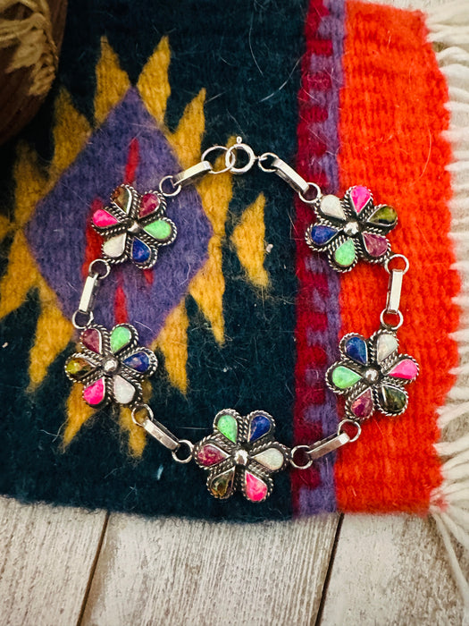 Zuni Multicolor Opal & Sterling Silver Flower Link Bracelet