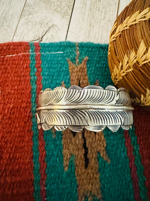 Navajo Hand Stamped Sterling Silver Feather Cuff Bracelet