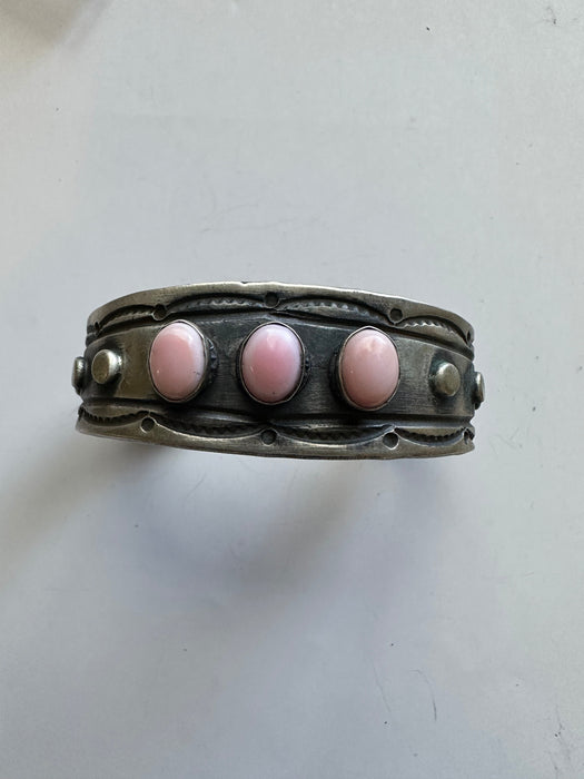 Navajo 3Stone Queen Pink Conch Shell & Sterling Silver Cuff Bracelet by Chimney Butte