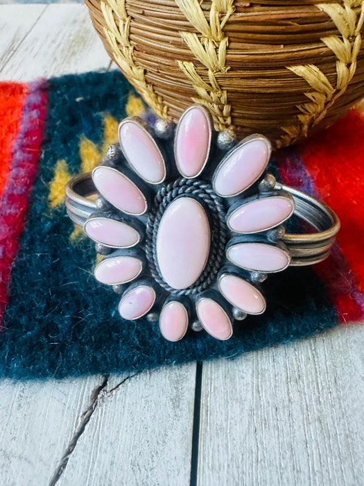 Navajo Queen Pink Conch Shell & Sterling Silver Cluster Cuff Bracelet