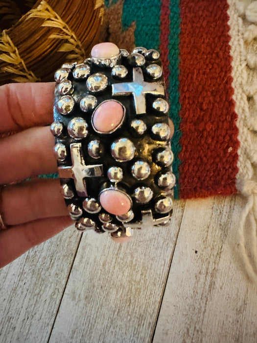 Navajo Sterling Silver & Queen Pink Conch Cross Cuff Bracelet By Chimney Butte