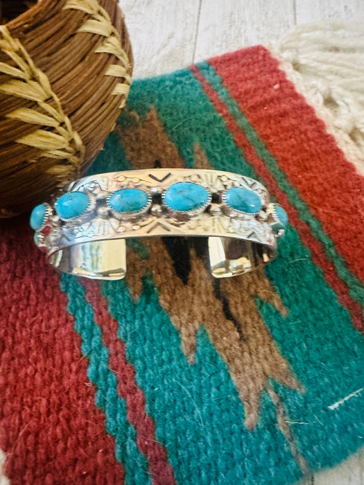 Navajo Hand Stamped Sterling Silver & Turquoise Cuff Bracelet by Benson Shorty