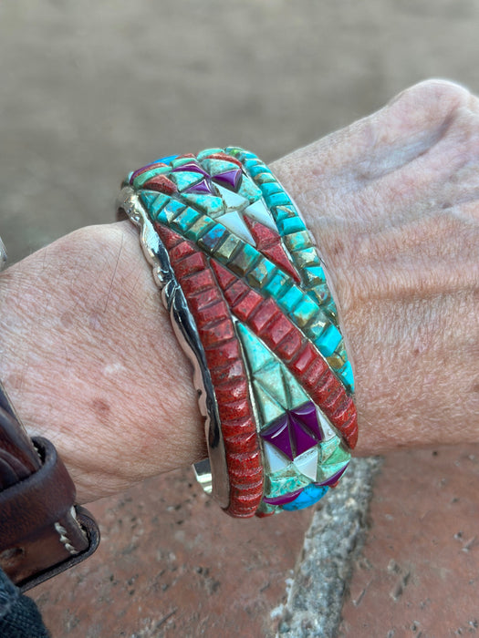 Handmade Sterling Silver Multi Stone Plains Inlay Cuff