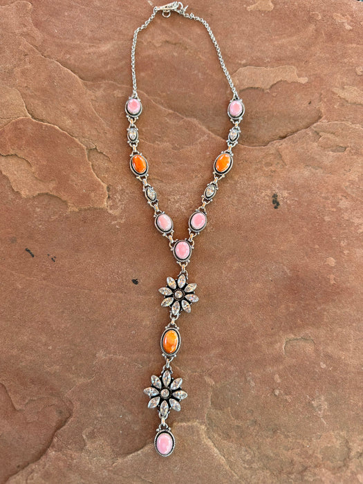 Beautiful Handmade Sterling Silver, Pink Conch, CZ, Orange Spiny Lariat Necklace