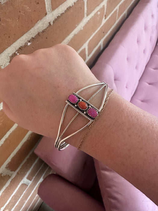 Handmade Sterling Silver & Hot Pink Fire Opal Adjustable Cuff Bracelet