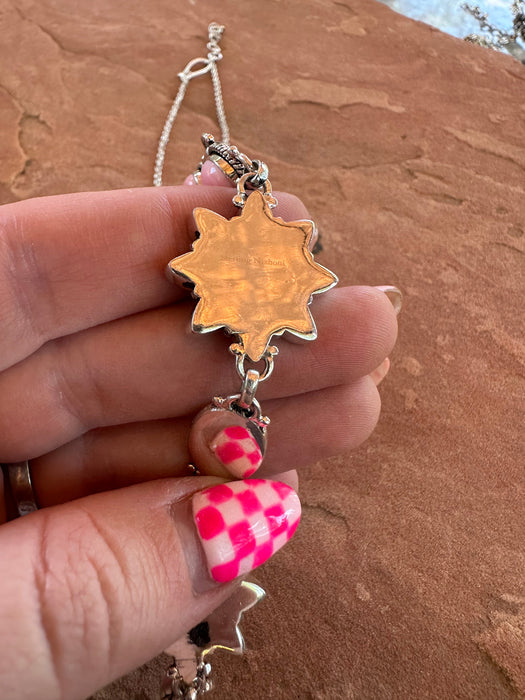 Beautiful Handmade Sterling Silver, Pink Conch, CZ, Orange Spiny Lariat Necklace