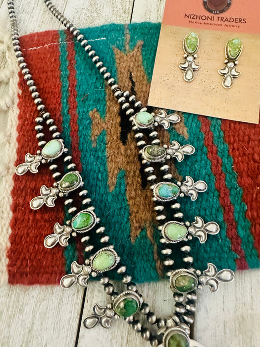 Navajo Sonoran Gold Turquoise & Sterling Silver Squash Blossom Necklace Set