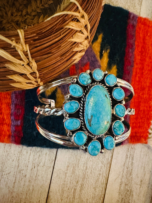 Navajo Kingman Turquoise & Sterling Silver Cluster Cuff Bracelet