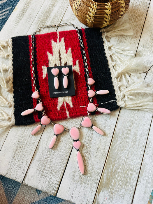 Navajo Queen Pink Conch & Sterling Silver Heart Necklace Set