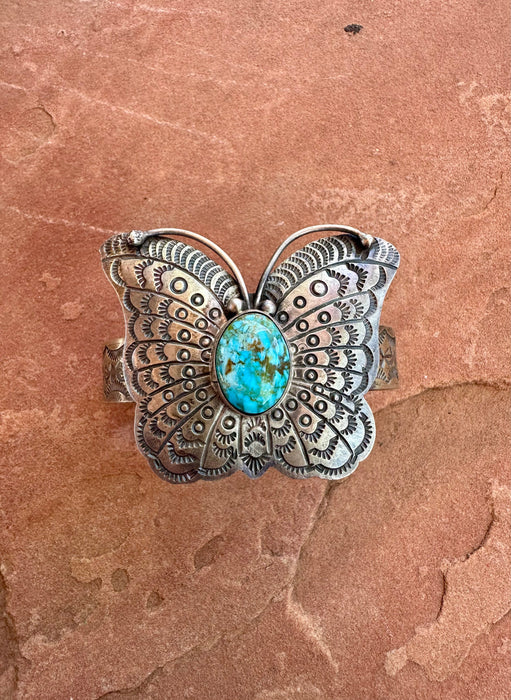 Navajo Turquoise & Sterling Silver Butterfly Cuff Bracelet Signed B Johnson