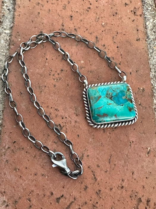 Navajo Alfred Martinez Sterling Silver & Kingman Turquoise Mojave Bar Necklace