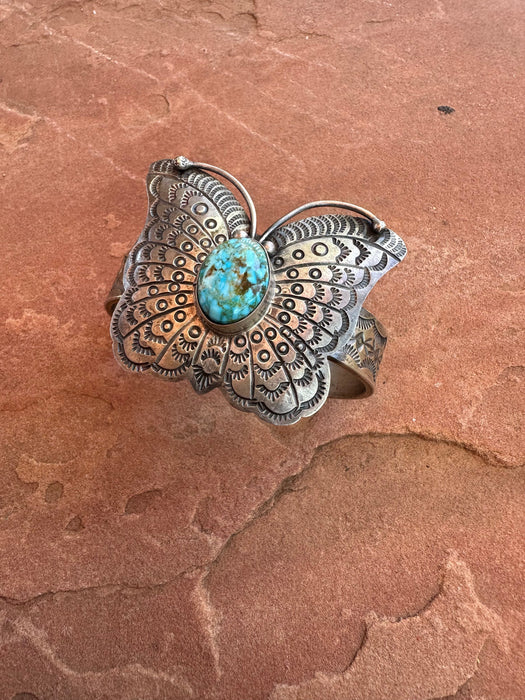 Navajo Turquoise & Sterling Silver Butterfly Cuff Bracelet Signed B Johnson