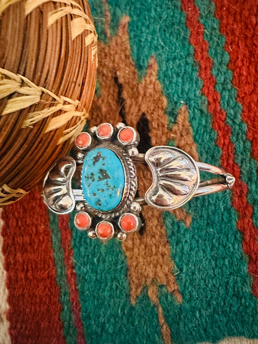 Navajo Turquoise, Coral & Sterling Silver Cluster Cuff Bracelet