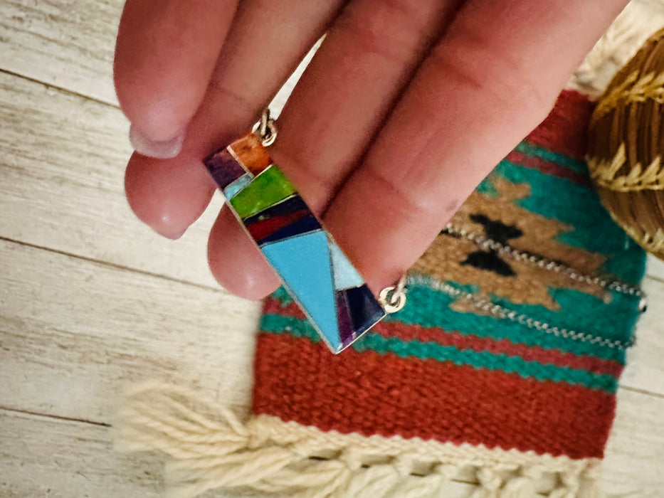 Navajo Multi Stone & Sterling Silver Inlay Bar Necklace