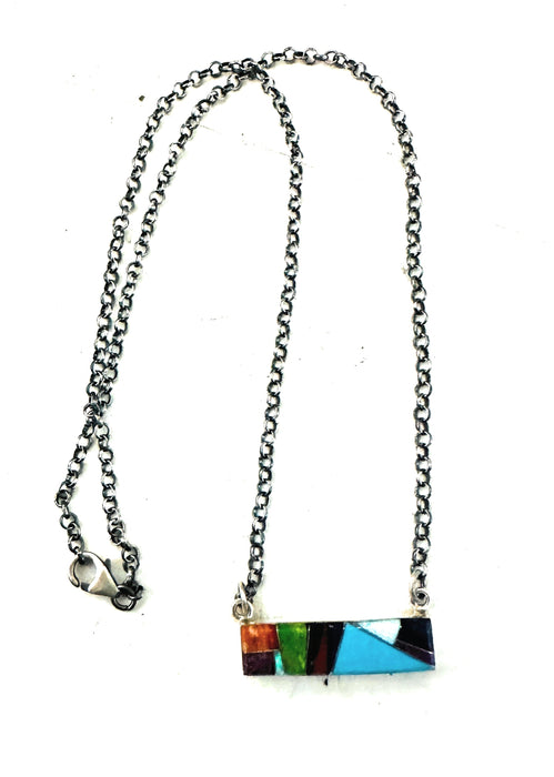 Navajo Multi Stone & Sterling Silver Inlay Bar Necklace