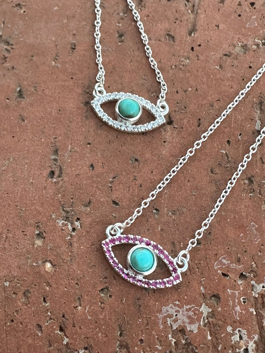 Handmade Sterling Silver Turquoise and CZ Evil Eye Necklace