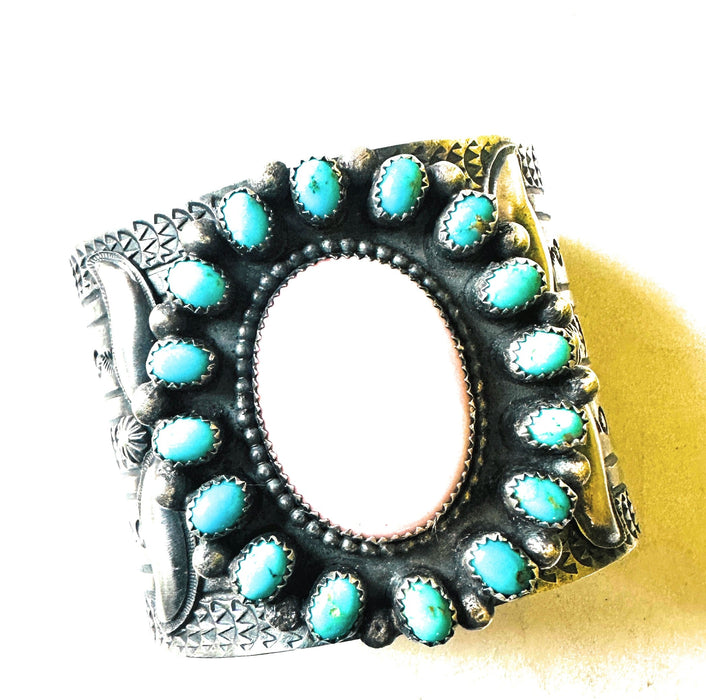 Navajo Sterling Silver, Turquoise & Queen Pink Conch Cuff Bracelet