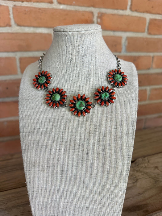 Beautiful Handmade Sterling Silver, Coral & Sonoran Turquoise Choker Necklace