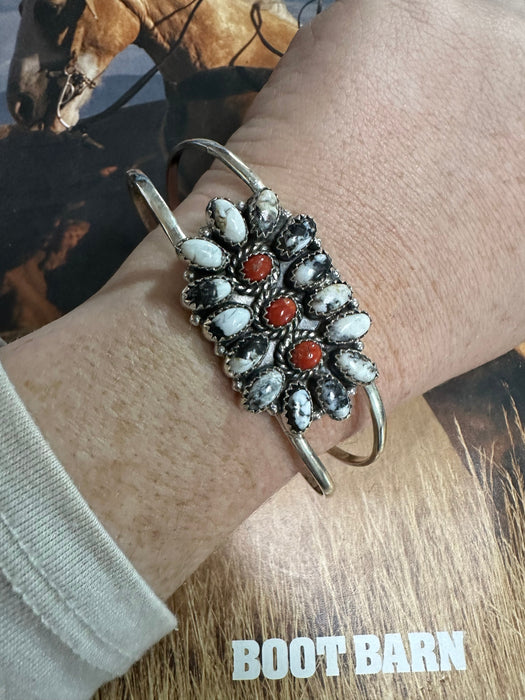 Handmade Sterling Silver, White Buffalo & Coral Adjustable Cuff Bracelet