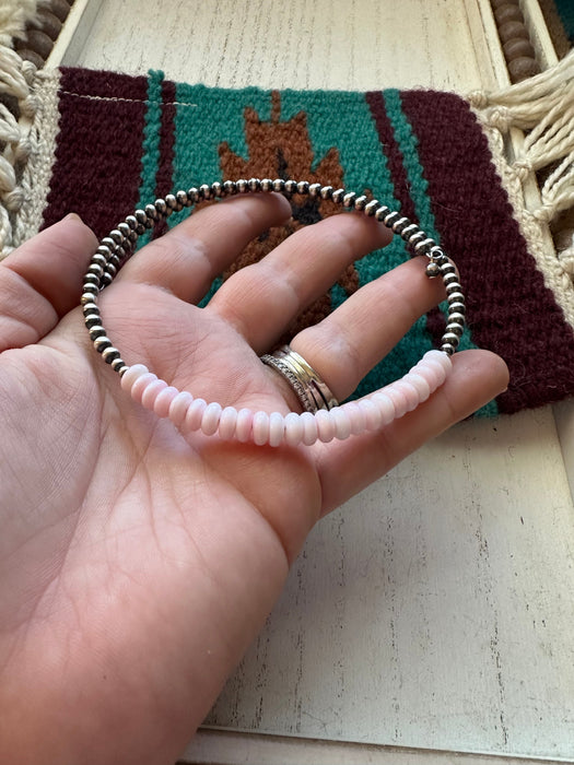 Navajo Pink Conch & Sterling Silver Beaded Wrap Choker Necklace