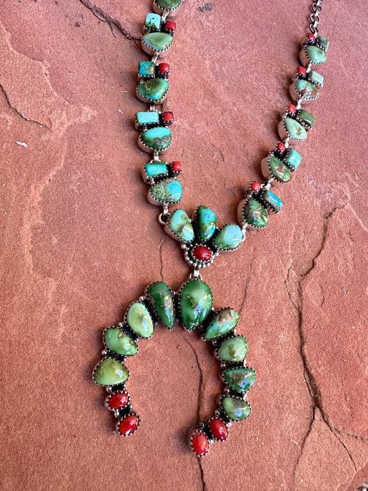 Beautiful Handmade Sterling Silver, Coral & Sonoran Turquoise Necklace SET