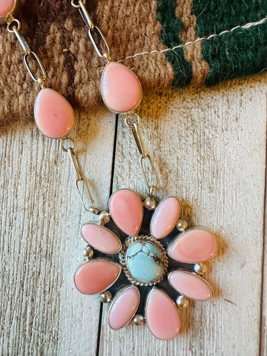 Navajo Queen Pink Conch, Turquoise & Sterling Silver Cluster Necklace Set