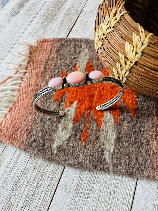 Navajo Queen Pink Conch Shell & Sterling Silver 3-Stone Cuff Bracelet