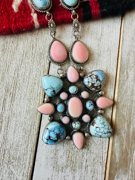 Navajo Queen Pink Conch, Turquoise & Sterling Silver Cluster Necklace Set