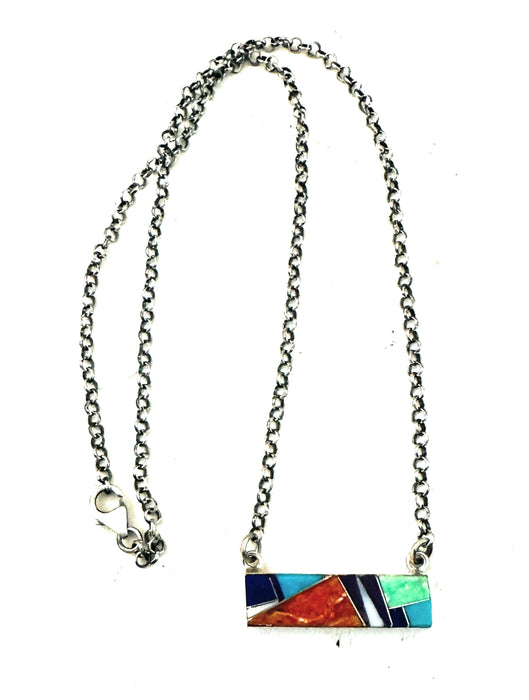 Navajo Multi Stone & Sterling Silver Inlay Bar Necklace