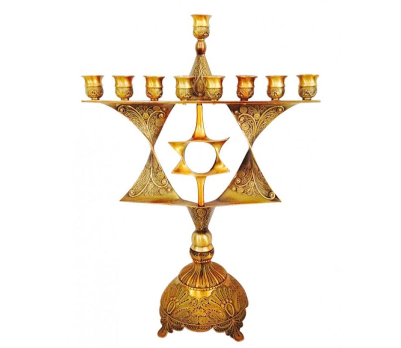 Bronze Antique Looking Chanukah Menorah with Cutout Star of DavidBronze Antique Looking Chanukah Menorah with Cutout Star of David