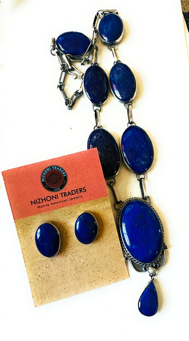 Navajo Lapis & Sterling Silver Cluster Necklace Set by Alex James