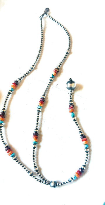 Navajo Sterling Silver, Spiny & Turquoise Beaded Lariat Necklace