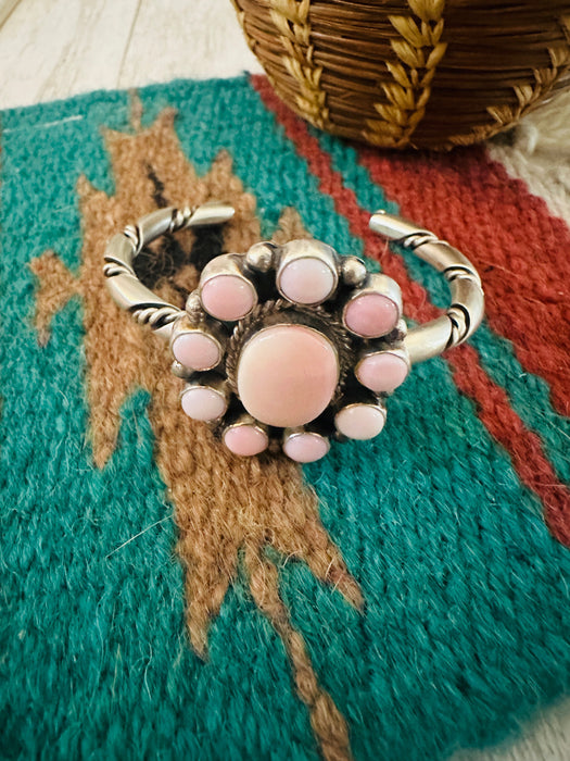 Navajo Queen Pink Conch Shell & Sterling Silver Cluster Cuff Bracelet