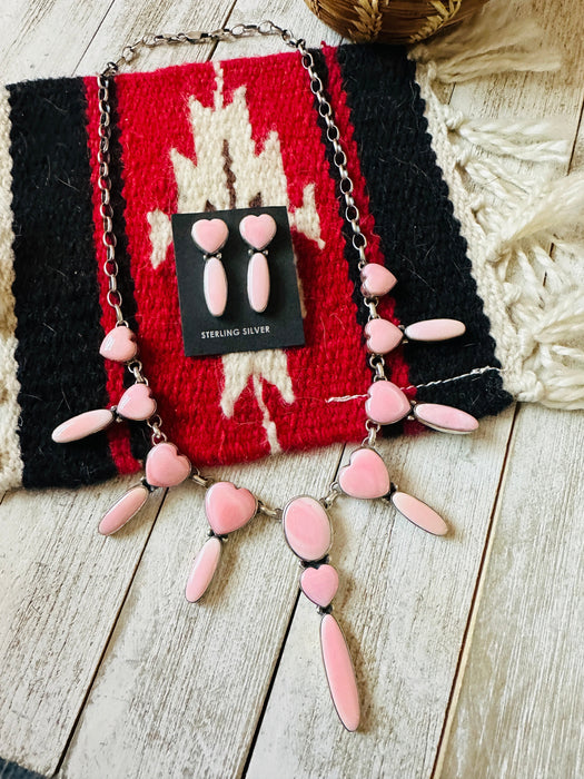 Navajo Queen Pink Conch & Sterling Silver Heart Necklace Set