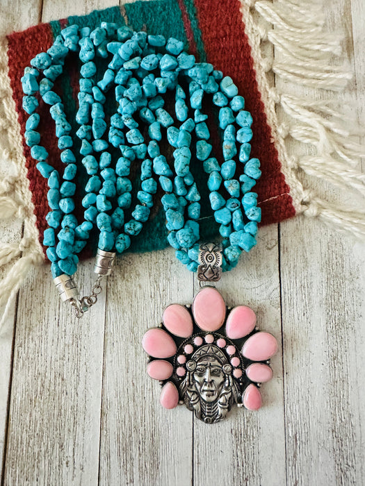 Stunning Navajo Sterling Silver, Queen Pink Conch & Turquoise Indian Chief Beaded Necklace