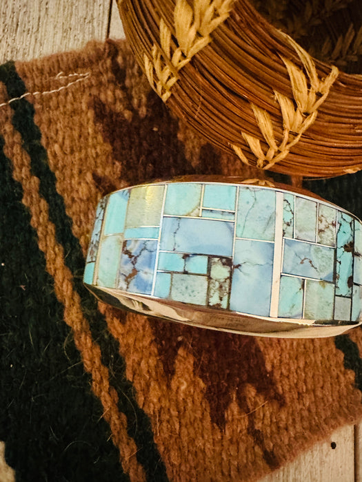 Navajo Sterling Silver & Golden Hills Turquoise Inlay Cuff Bracelet