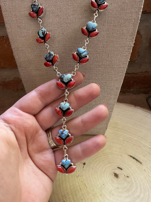 Handmade Sterling Silver, Golden Hills Turquoise & Coral Lariat Necklace