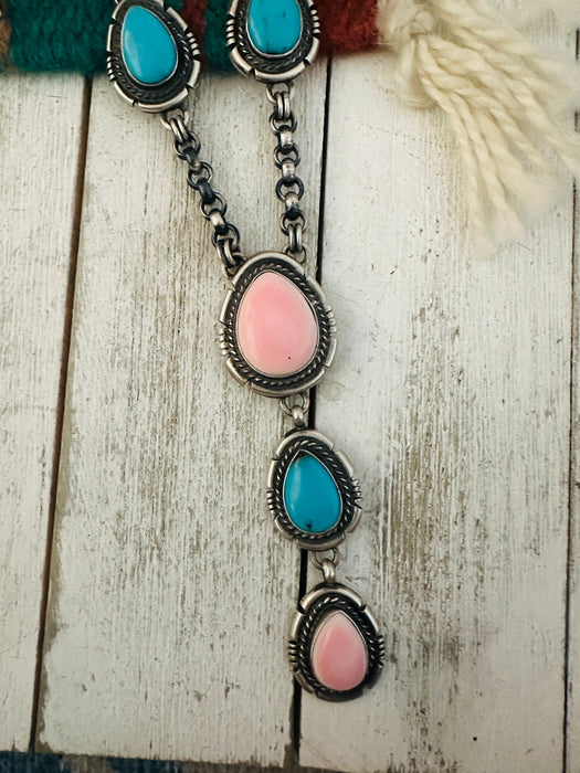 Navajo Turquoise, Pink Conch & Sterling Silver Necklace Set