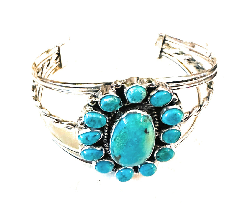 Navajo Kingman Turquoise & Sterling Silver Cluster Cuff Bracelet